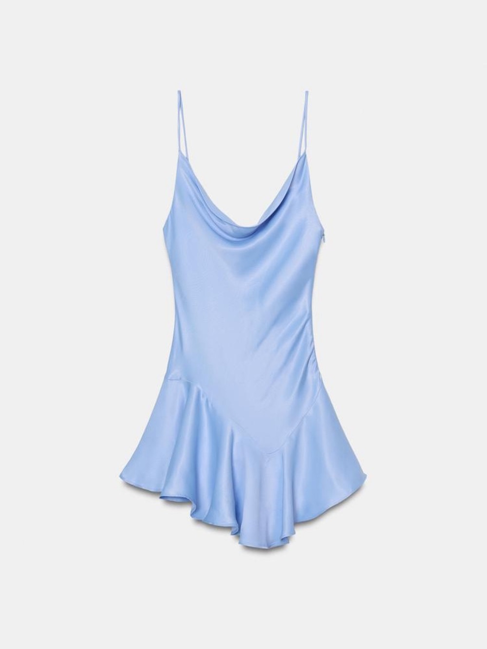 Zara Light Blue Satin Slip Dress with Flounced Hem